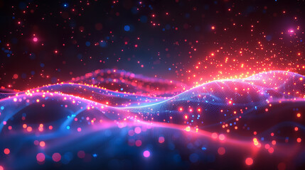 Abstract colorful wavy particle surface is moving and glowing with bokeh effect