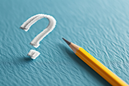 Artwork creatively illustrates a Question Mark using colorful pencils set against a vibrant blue chalkboard background