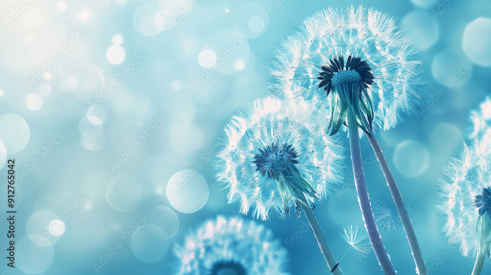 Poster close-up of dandelions with seeds blowing in a soft blue bokeh background.