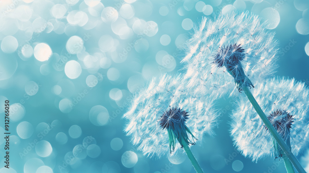 Poster close-up of dandelions with seeds blowing in a soft blue bokeh background.