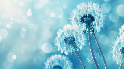 Obraz premium Close-up of dandelions with seeds blowing in a soft blue bokeh background.