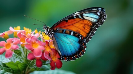 Fototapeta premium A Blue and Orange Butterfly Feeding on Pink Flowers
