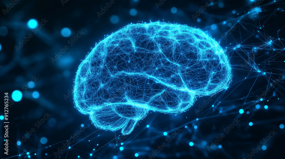 Poster a glowing digital brain surrounded by neural network connections.