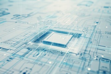A futuristic microprocessor is showcased on a technical schematic, symbolizing the cutting-edge design and high capabilities of modern electronic systems.