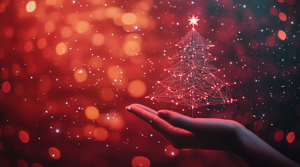 Paper Art Christmas Tree with Ornaments and Bokeh Lights on Red Background. Scientific-Artificial Technology: Human Interactions and AI on Red Background.