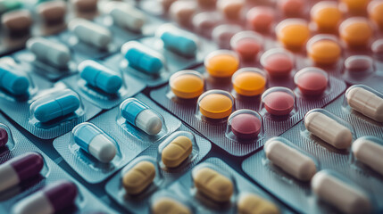 A variety of colorful pills in blister packs arranged together.