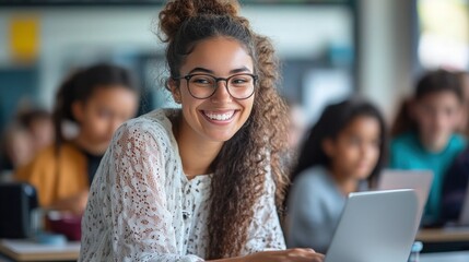 Young woman with curly hair smiling brightly and looking at the camera while working on a laptop.