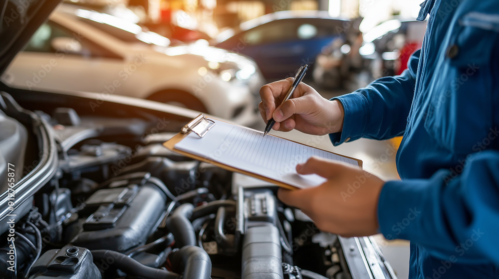 Poster mechanic inspecting a car engine and taking notes on a clipboard in a garage.