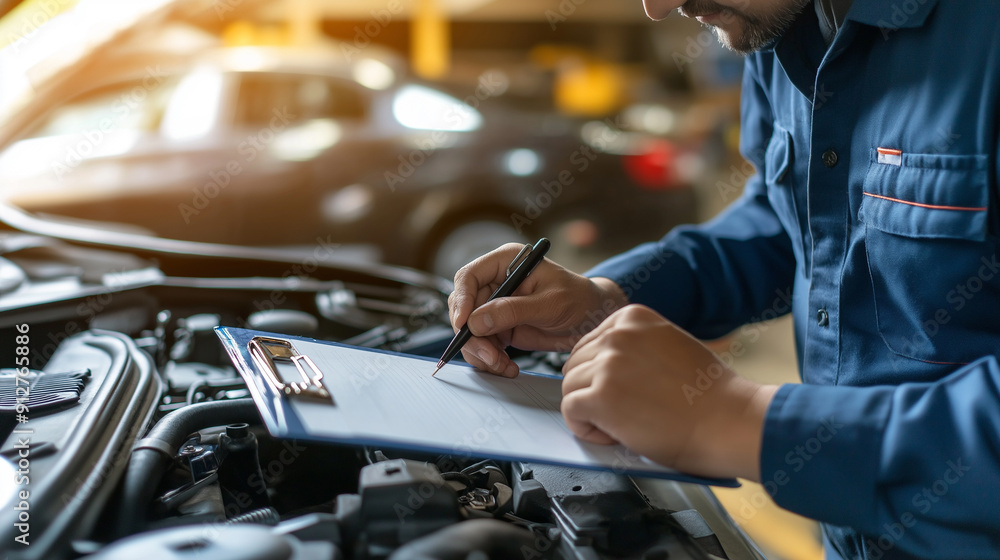 Poster mechanic inspecting a car engine and taking notes on a clipboard in a garage.