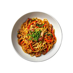 Pork Fried Noodle with Carrot and Dwarf Cabbage Served in a dish isolated on a transparent background