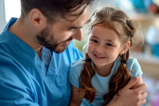 A smiling young girl with pigtails being comforted by a male healthcare professional in blue scrubs, showcasing a warm and caring interaction in a medical setting