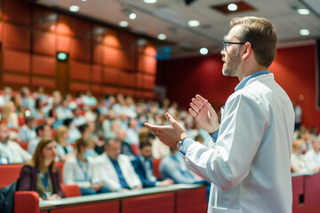 A doctor in a white coat delivers a lecture to a large audience in a modern auditorium, engaging attendees in a medical conference or seminar