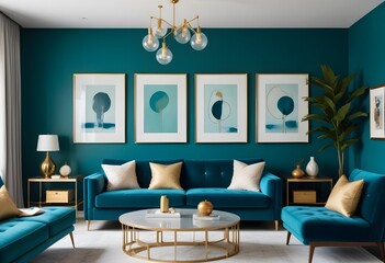 Fototapeta premium A modern living room with a teal blue sofa, a large abstract painting on the wall, and gold pendant lights hanging above a wooden coffee table