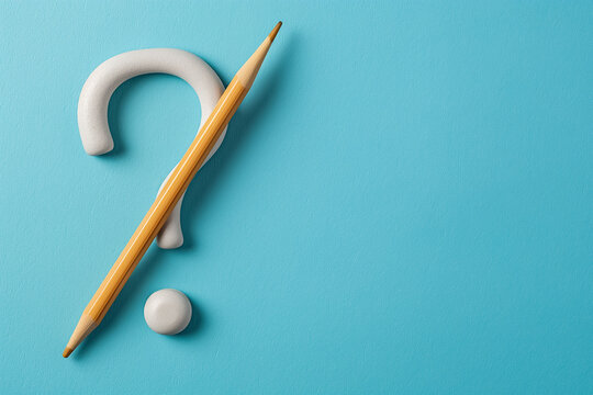 Artwork creatively illustrates a Question Mark using colorful pencils set against a vibrant blue chalkboard background