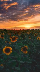 Sunflowers with sun lights golden sun over the field red sky , red sun , golden sky . Nature colors , nature landscape Sunrise over the woods and trees