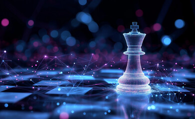 A glowing chess king on a digital, futuristic grid with neon lights and connected nodes.

