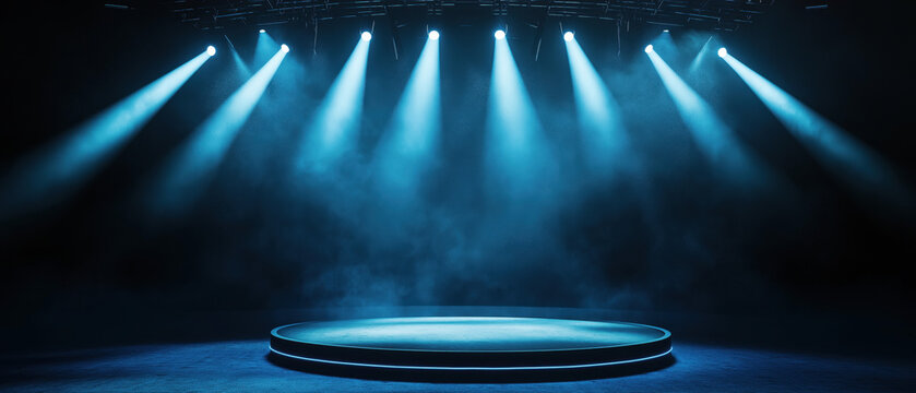 A dramatic stage illuminated by blue spotlight beams, creating an atmosphere of anticipation and creativity.