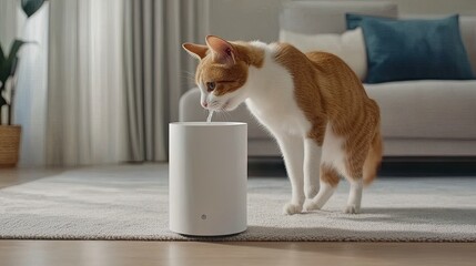 A curious cat sips from a water fountain beside a cozy fireplace, enjoying the warmth and comfort of the indoor setting