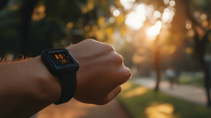 Runner Checking Smartwatch in Scenic Park, Highlighting the Bond Between Exercise and Healthy Eating