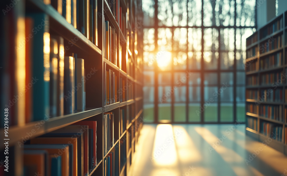 Aufkleber sunlit library aisle with rows of bookshelves.