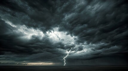 Obraz premium Dramatic Storm Clouds with Powerful Lightning Strike in Ominous Landscape