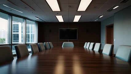 An empty meeting room and conference table