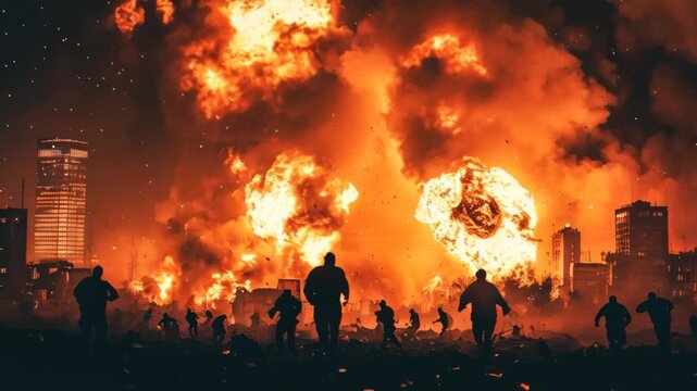 People fleeing from a massive explosion in a city with intense fire and smoke