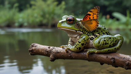 Fototapeta premium frog on a tree on the water in the morning