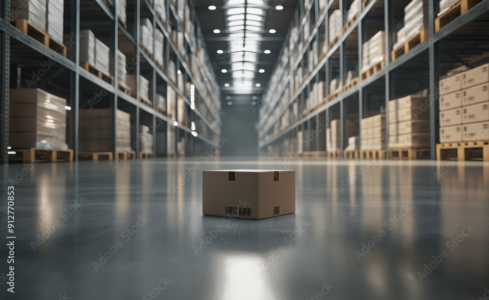 Poster single cardboard box in an empty warehouse with rows of shelves.