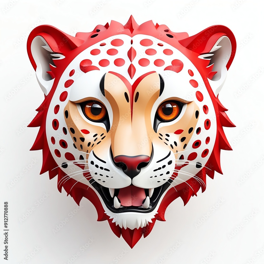 Poster red theme cheetah head cartoon 3d art logo design in plain white background 3