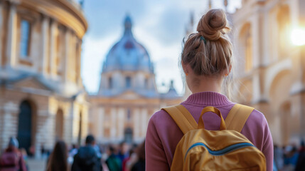 Obraz premium Young woman exploring historic European cityscape