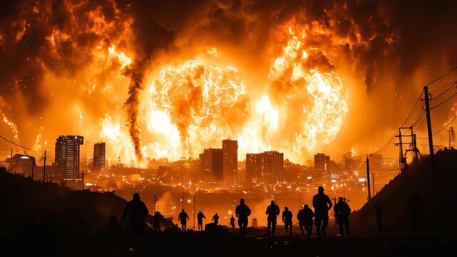 Silhouettes of people running from a massive fire explosion in a city at night