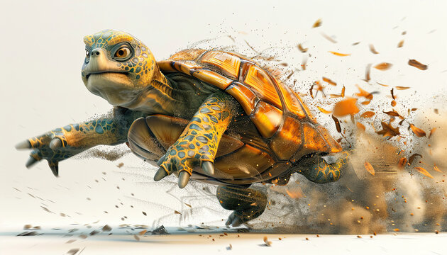 fast quickly running 3d animated Turtle, white background filled with smoke and wind
