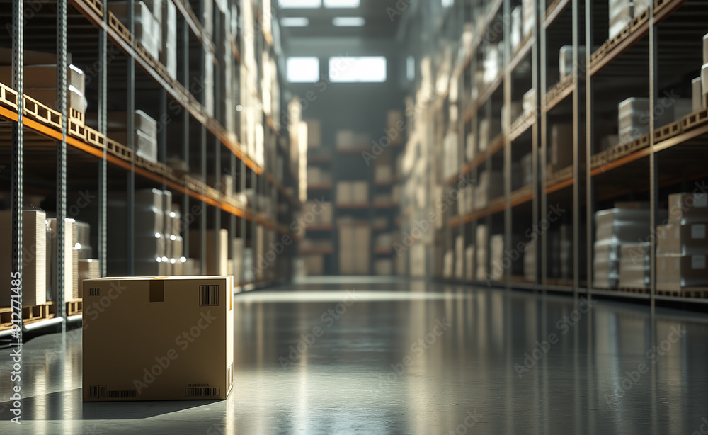 Poster single cardboard box in an empty warehouse with rows of shelves.