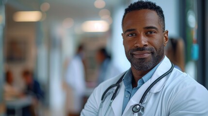 Obraz premium Confident Medical Expert in White Coat Embracing Digital Health Advances in Hospital Setting