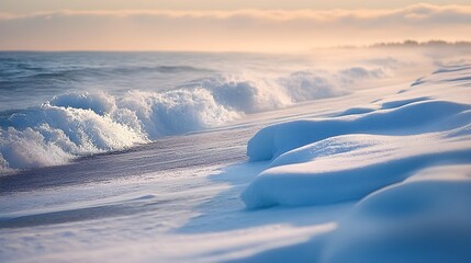 Captivating Frozen Coastal Landscape at Stunning Sunset in Serene Winter Scenery