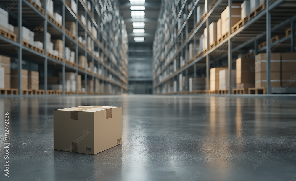 Poster single cardboard box in an empty warehouse with rows of shelves.