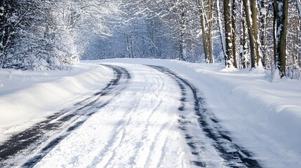 Obraz premium Winding Snow Covered Forest Road in Peaceful Winter Landscape