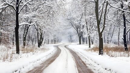 Obraz premium Peaceful Snow Covered Woodland Path Through Winter Landscape