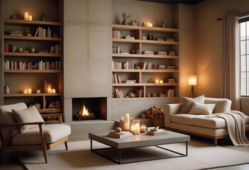 A cozy living room with wooden shelves displaying various decorative items, plants, and a small round table with a vase of flowers. The room has a warm, minimalist aesthetic with a comfortable armchai