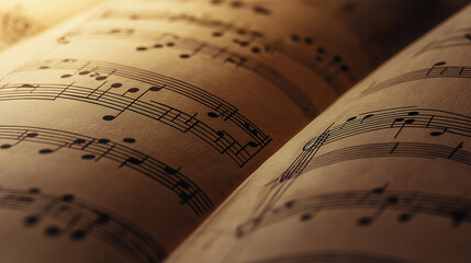 Open sheet music book with detailed musical notes illuminated by warm light.