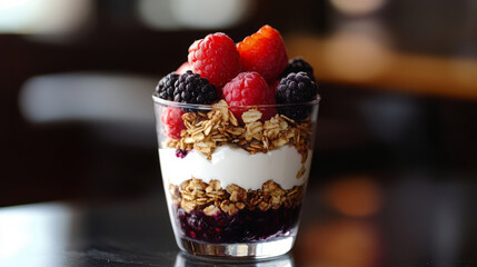 Breakfast with yogurt, granola and fresh berries