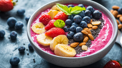 Colorful smoothies with fresh fruits and nuts