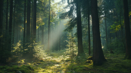 Obraz premium A dense forest with sunlight filtering through the tall trees