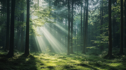 A dense forest with sunlight filtering through the tall trees