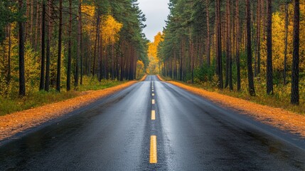 Empty Road Through Autumn Forest