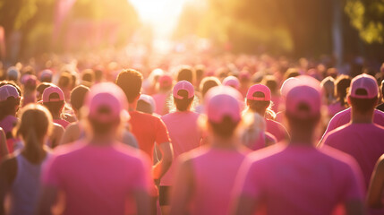 Group of people wearing pink shirts participating in a charity run or walk.