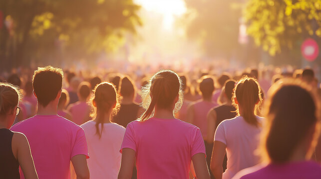 Group of people wearing pink shirts participating in a charity run or walk.