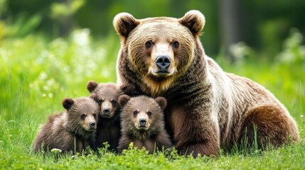 Obraz premium Female brown bear near her three adorable cubs with fluffy fur in the middle of a meadow.