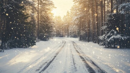 Obraz premium Snowy Road Through the Forest